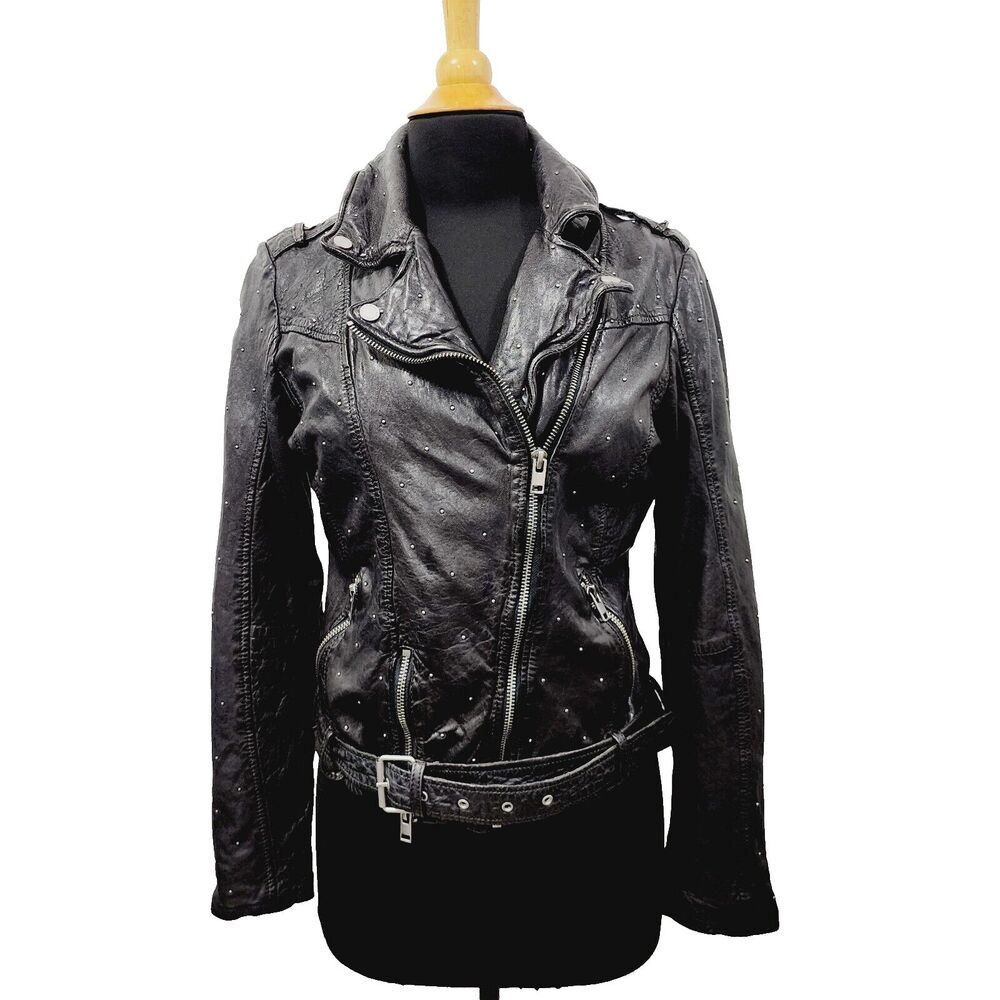Mauritius Lambskin Leather Saddy RF Studded Motorcycle Jacket Black Womens M 8
